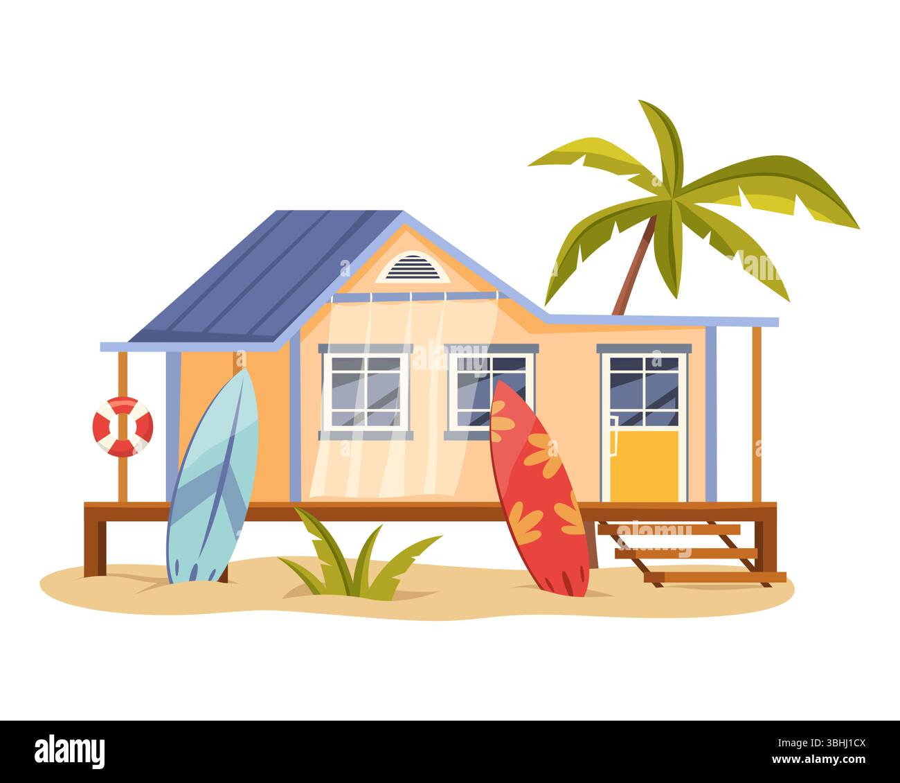 Surfer-Bungalow oder Sommerhütte. Vector Beach House. Cartoon-Küste oder Küstenarchitektur, Außenansicht oder Außenansicht. Meereshütte oder Cabana mit Surfbrett. Sommerhaus. Urlaub auf tropischen Inseln. Stock Vektor