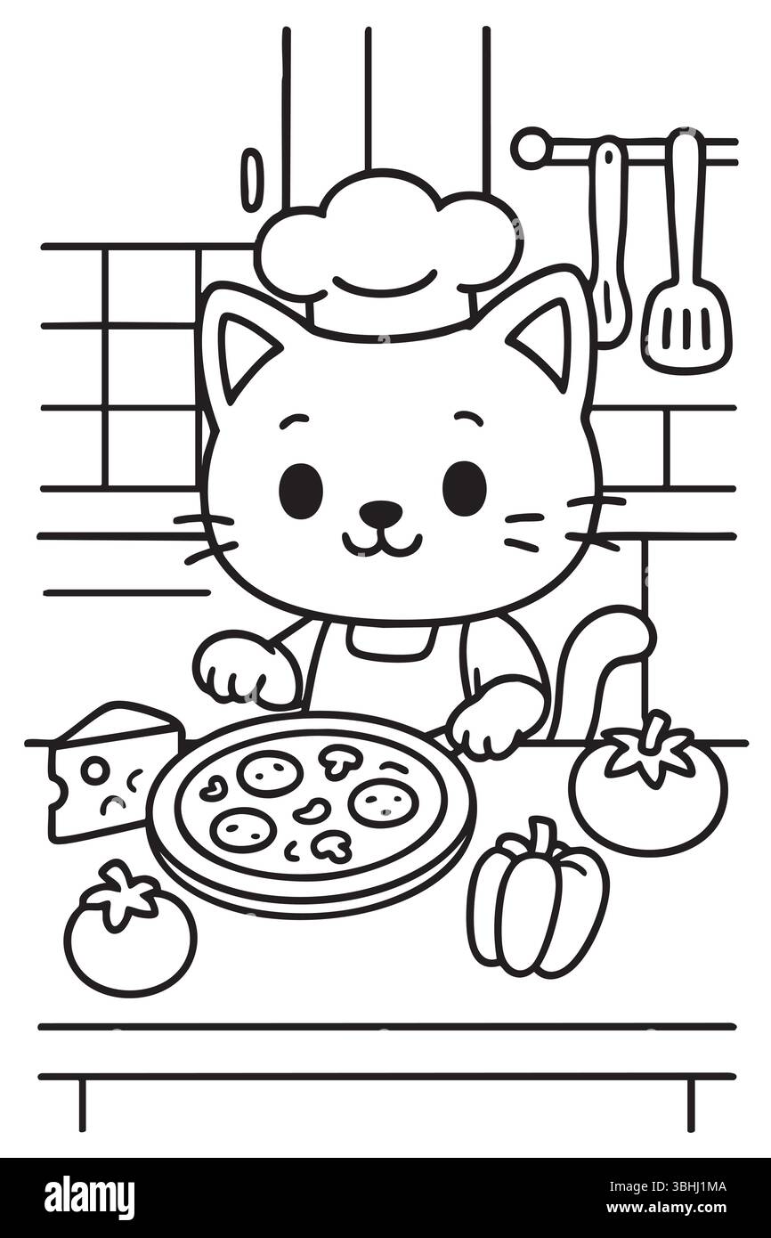 Eine Zeichnung einer Katze in einem Hut des Köchs, der eine Pizza macht Stock Vektor