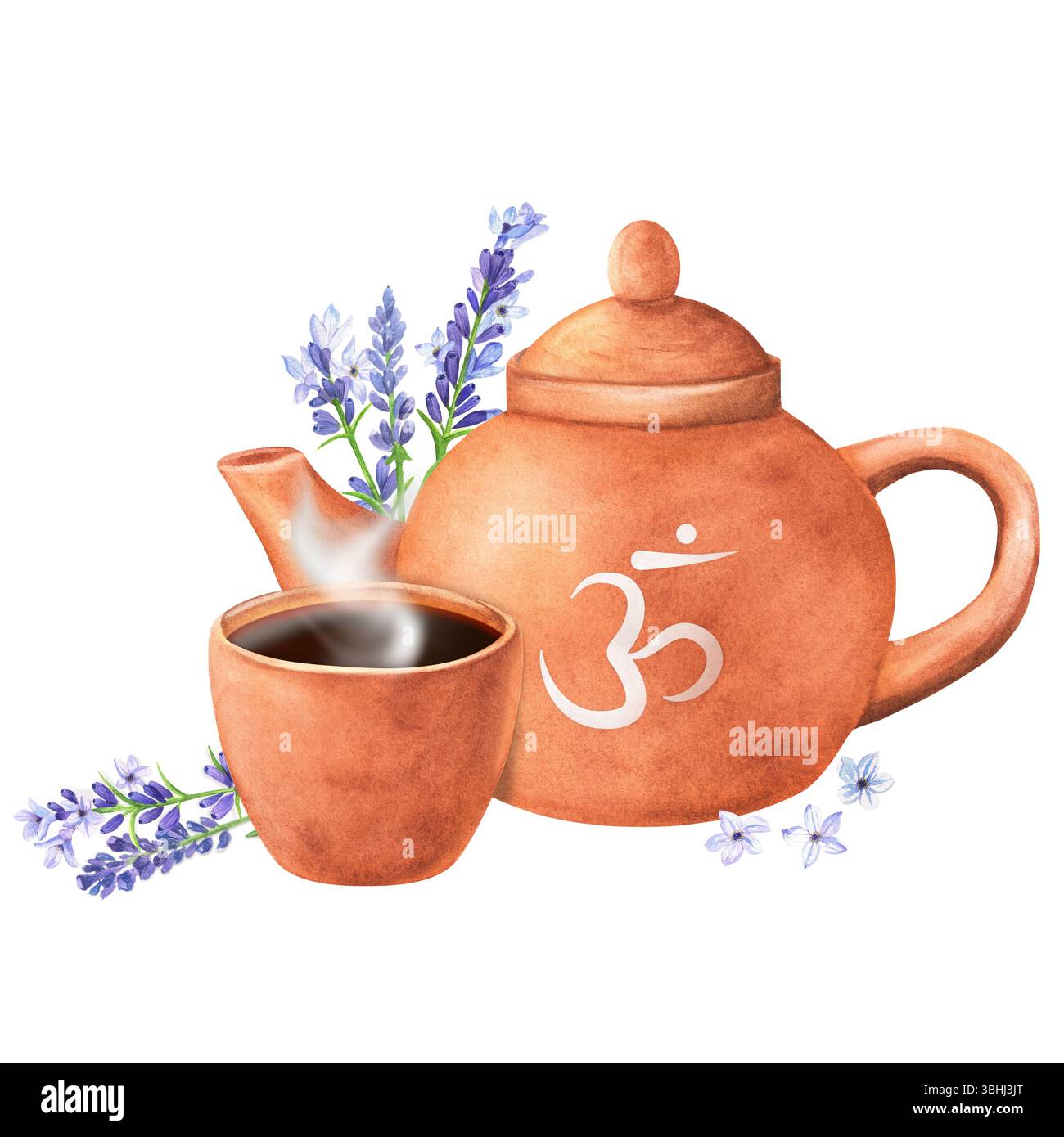 Teekanne aus Terrakotta-Ton und eine Tasse Tee mit Lavendelzweigen für die Energiebilanz des Kronenchakras Sahasrara. Aromatherapie-heilender Clipart. Handgezeichnetes Wasser Stockfoto