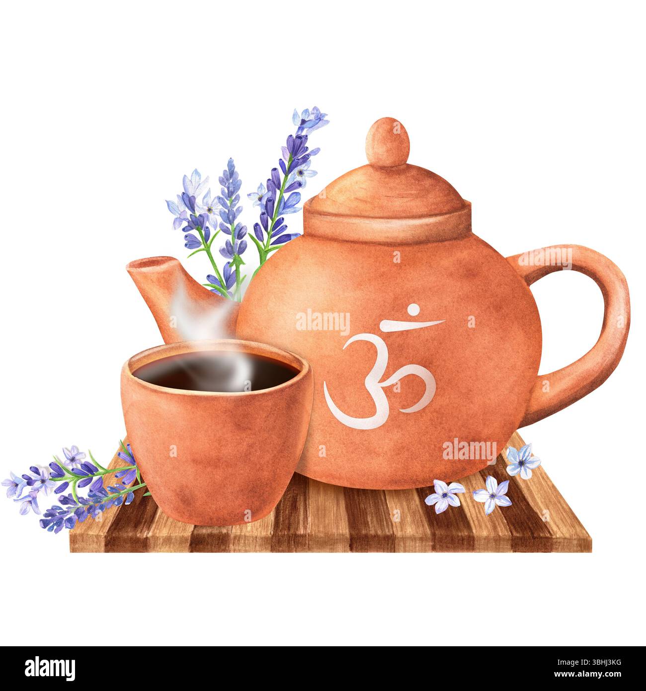 Teesatz aus Terrakotta-Ton-Teekanne, eine Tasse mit Sanskrit-Buchstaben und Lavendelzweigen und -Blüten auf dem Holztablett. Energiebilanz des Kronenchakras Stockfoto
