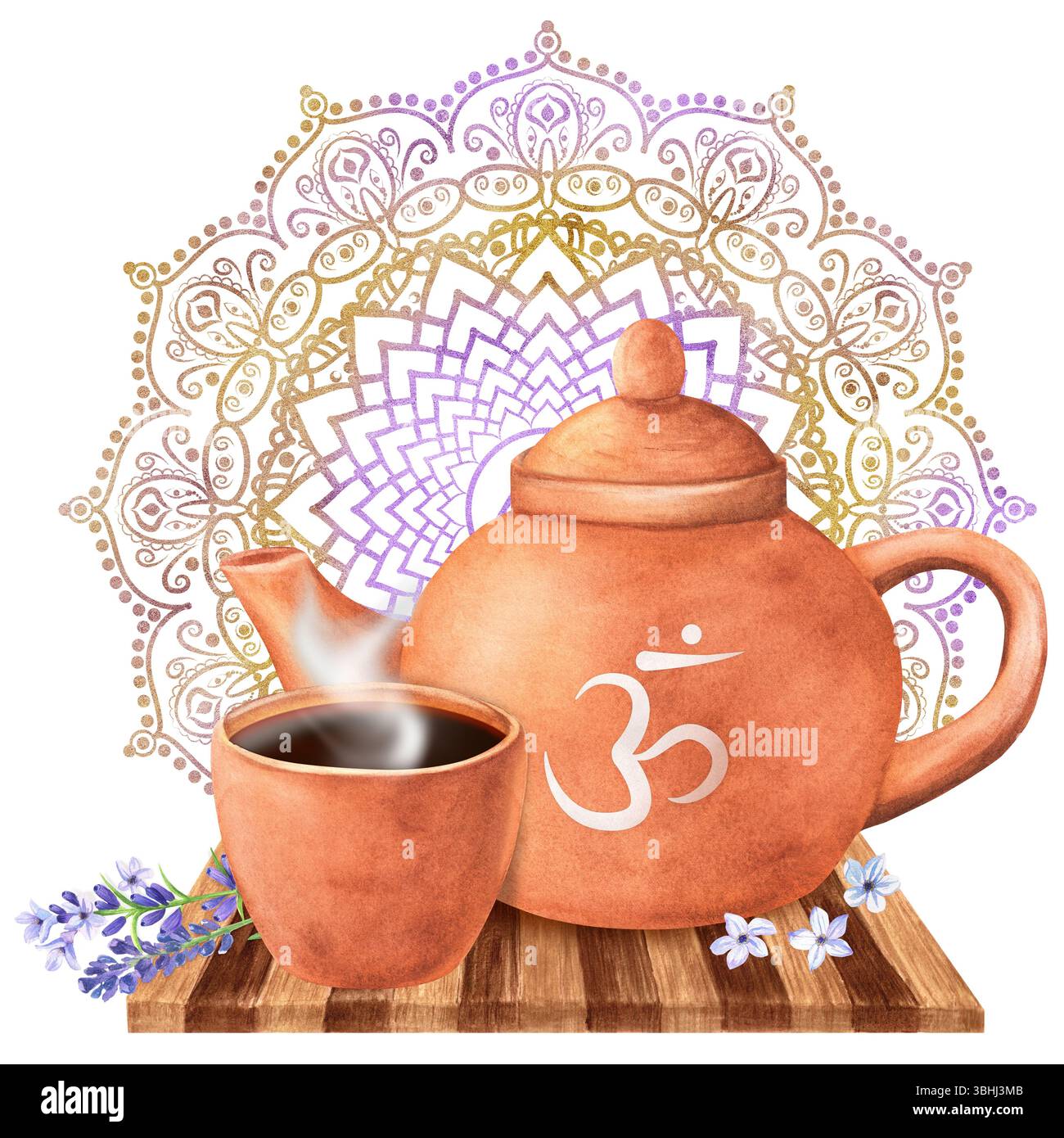 Lavendeltee in Terrakotta-Teekanne und eine Tasse für die Energiebilanz des Kronenchakras Sahasrara. Ethnisch-indisches Mandala-Muster. Aromatherapie-heilender Clipart. Stockfoto