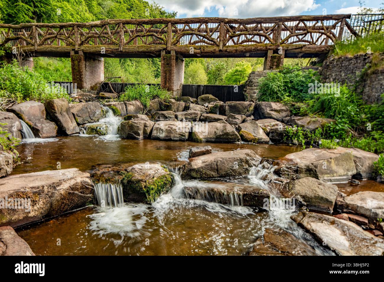 Die rustikale Oak Bridge im National Botanic Garden of Wales, Carmarthenshire, Wales, mit rauschendem Fluss Towi über Felsen im Vordergrund. Verlockend Stockfoto