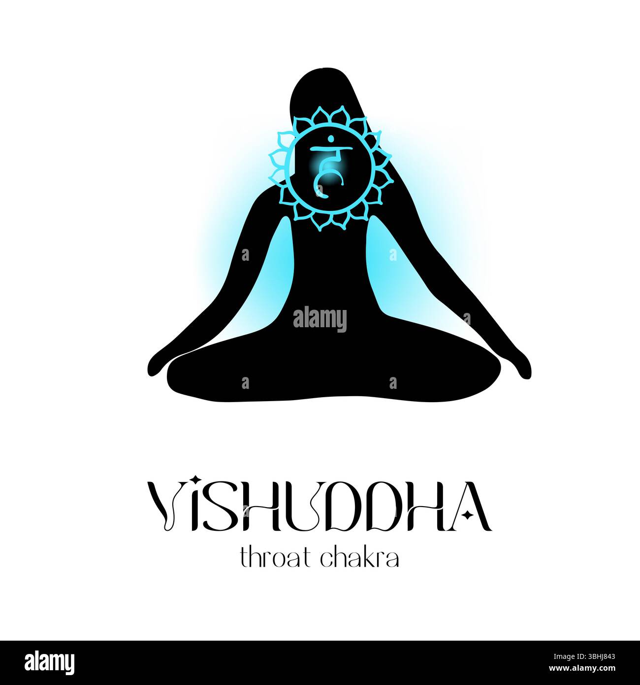 Vishuddha-Rachenchakra-Symbol mit Silhouette in Meditationsposition auf weißem Hintergrund Stock Vektor