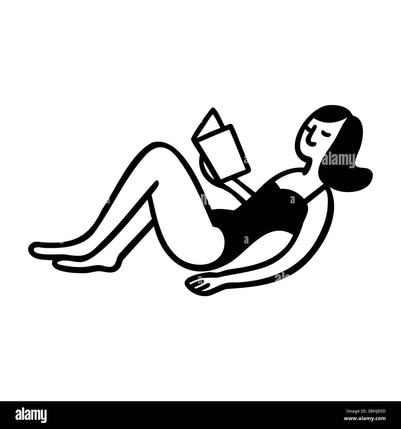 Schwarzhaarige Frau im Badeanzug, die auf dem Rücken liegt und ein Buch liest, entspannend, Freizeitaktivität, Sommerkonzept. Stock Vektor