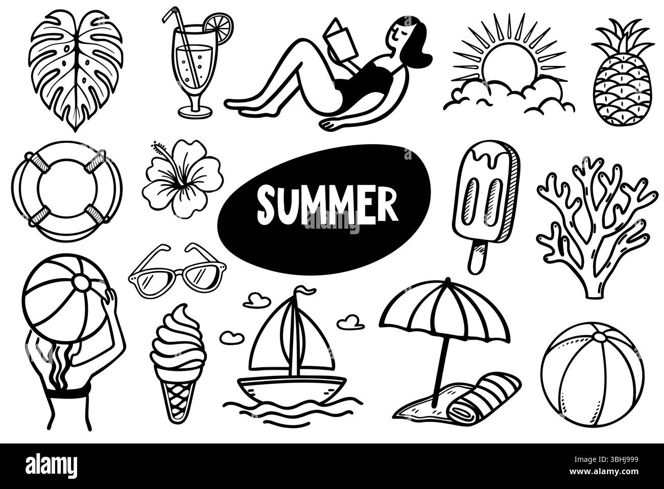 Schwarz-weiße Symbole im Sommer, darunter Sonne, Eis, Sonnenbrille, Strandball, Regenschirm, Segelboot und tropische Pflanzen. Stock Vektor