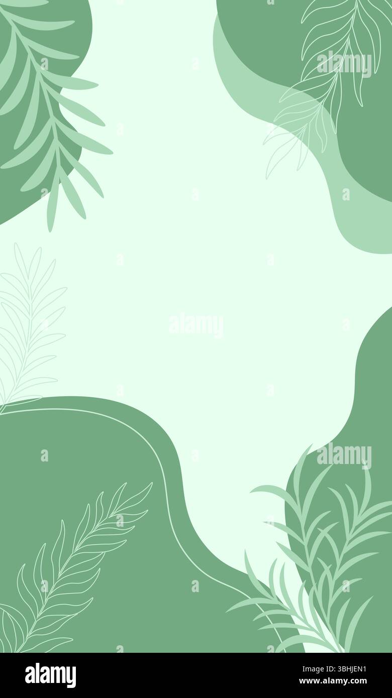 Minimalistischer botanischer Hintergrund mit abstraktem tropischem Laub und sanften Grüntönen. Ideal für Poster, Einladungen oder Organi mit Umweltthemen Stock Vektor