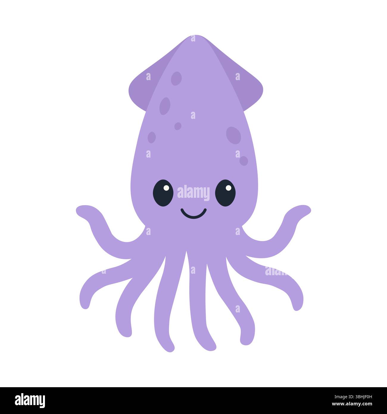 Entzückender lila Tintenfisch mit großen Augen und Lächeln im flachen Cartoon-Stil, ideal für Kinderdesigns und Lehrmaterialien. Stock Vektor