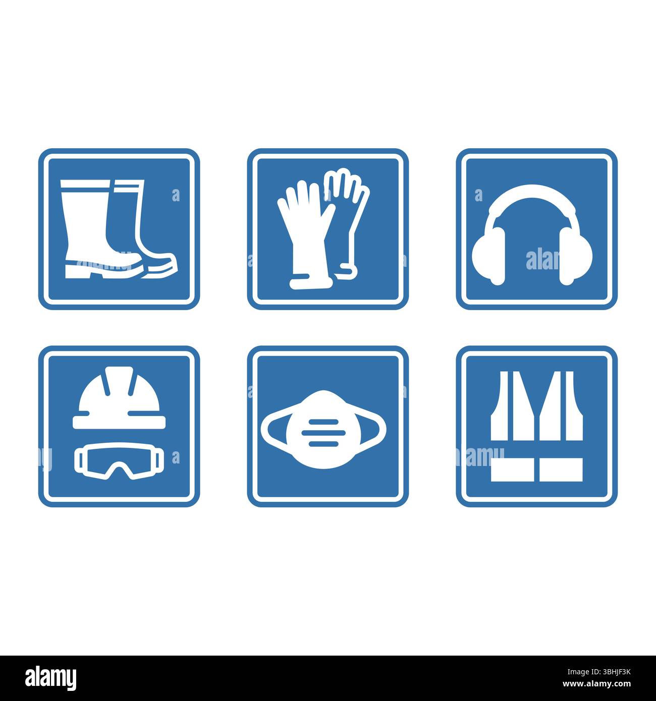 Schildersatz für PSA oder persönliche Schutzausrüstung. Arbeitskleidung, Schutzweste, Brille und Schutzhelm Icon Set. Stock Vektor