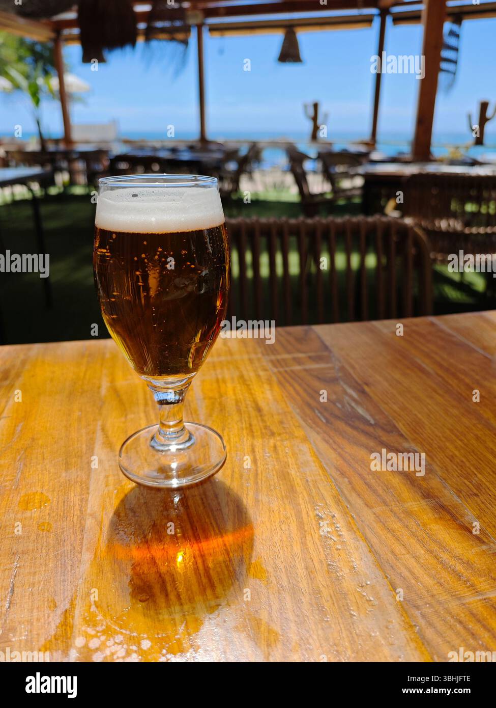 Ein Glas Bier auf einer Strandterrasse in Benalmádena, Spanien Stockfoto