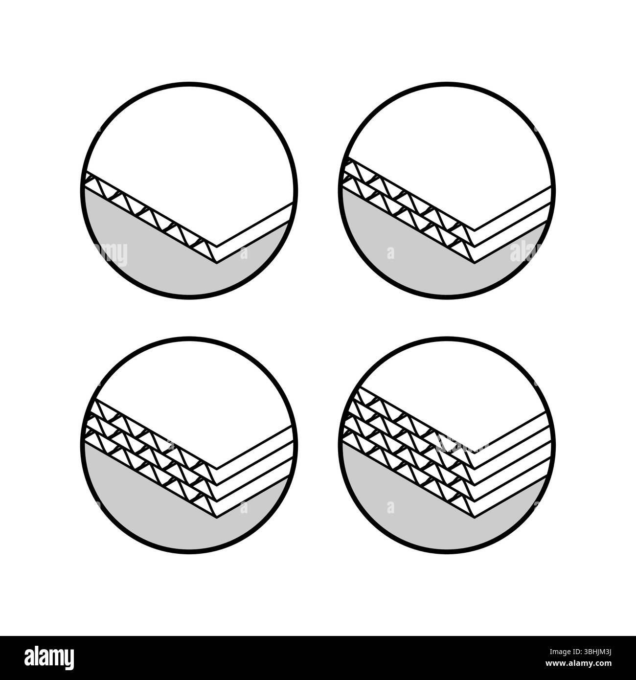 Eine Schicht Wellpappe, zwei Lagen, drei- und vierlagig. Set aus Wellpappe. Verpackungsmaterial. Verpackungsmaterial Konz Stock Vektor