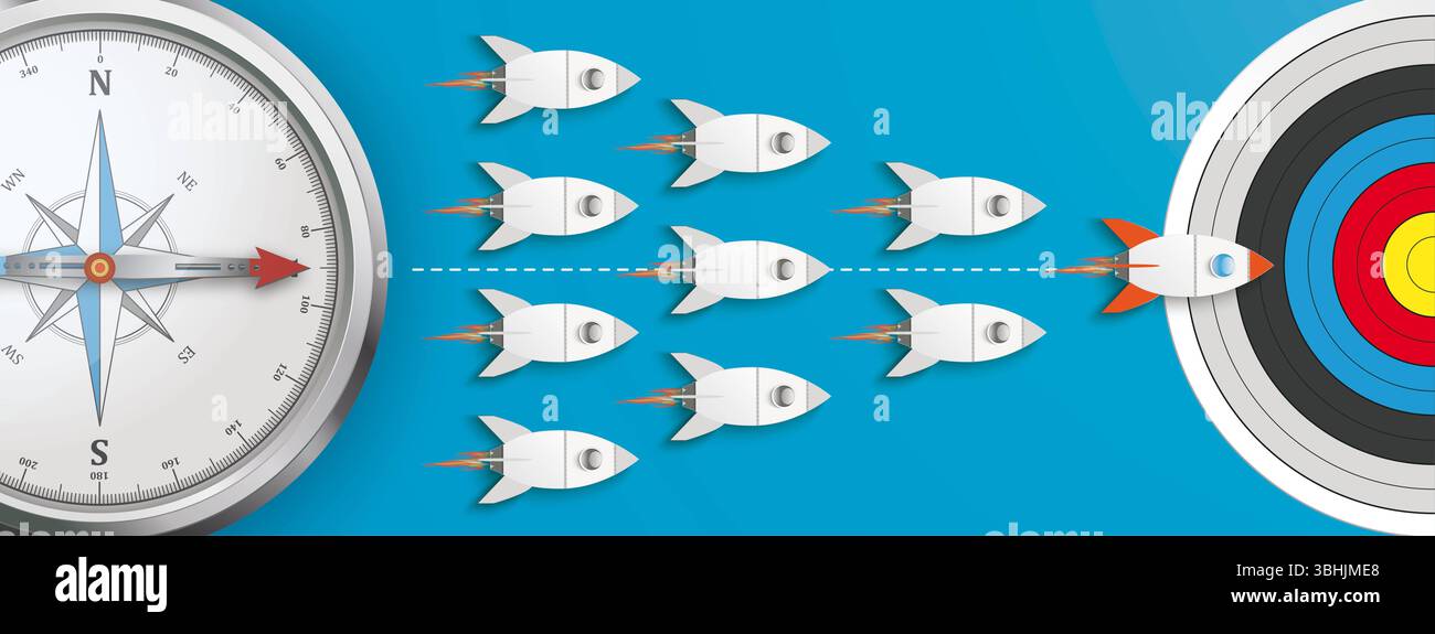 Raketen Startup Unicorn Target Kompass Blue Header Startups Orientierungskonzept. Stockfoto