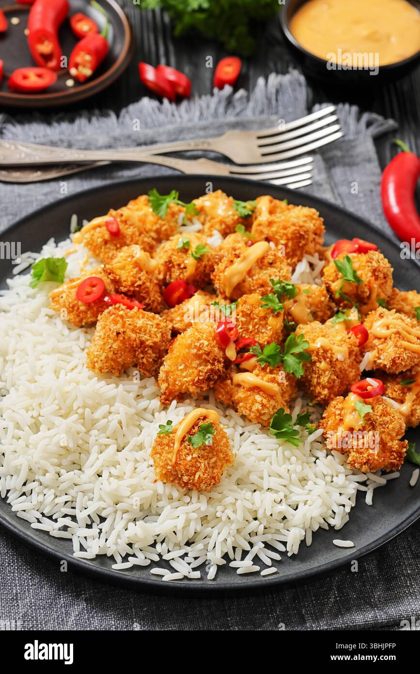 Hähnchenbissen mit goldener Panko-Kruste bespritzen mit scharfer Sriracha-Mayo-Sauce, serviert mit weißem Reis auf einem Teller auf schwarzem Holztisch, vertikale Ansicht, Clos Stockfoto