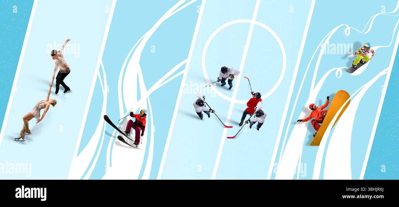 Collage. Dynamische Wintersportszene mit Eiskunstlauf-Paaren, Alpinski, Eishockeyspiel, Snowboardern und Soloskater in eisblauer Diagonale Stockfoto