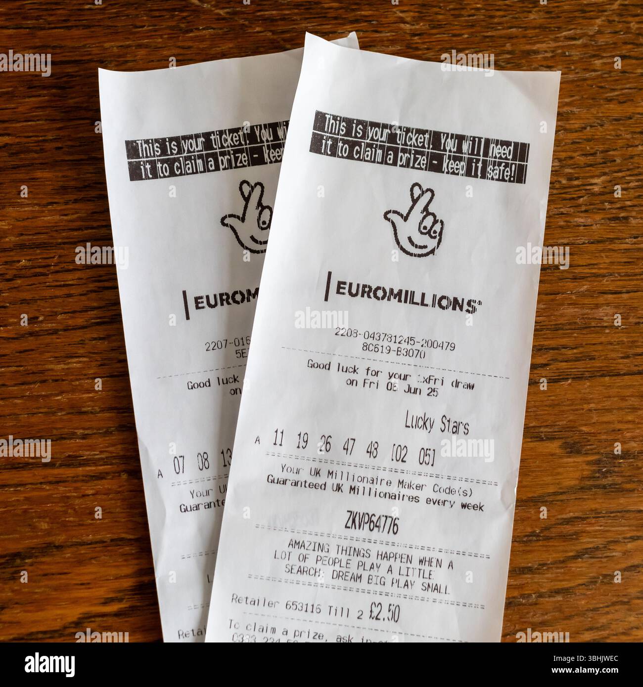 EuroMillions UK Lotteriescheine Stockfoto