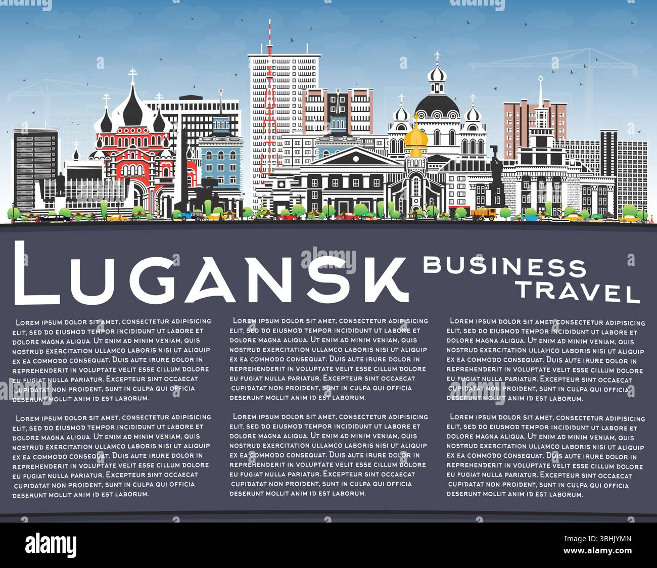Skyline der Stadt Lugansk mit farbigen Gebäuden, blauem Himmel und Kopierraum. Vektorabbildung. Luhansk Stadtbild mit Wahrzeichen. Geschäftsreisen und Tourismus Stock Vektor