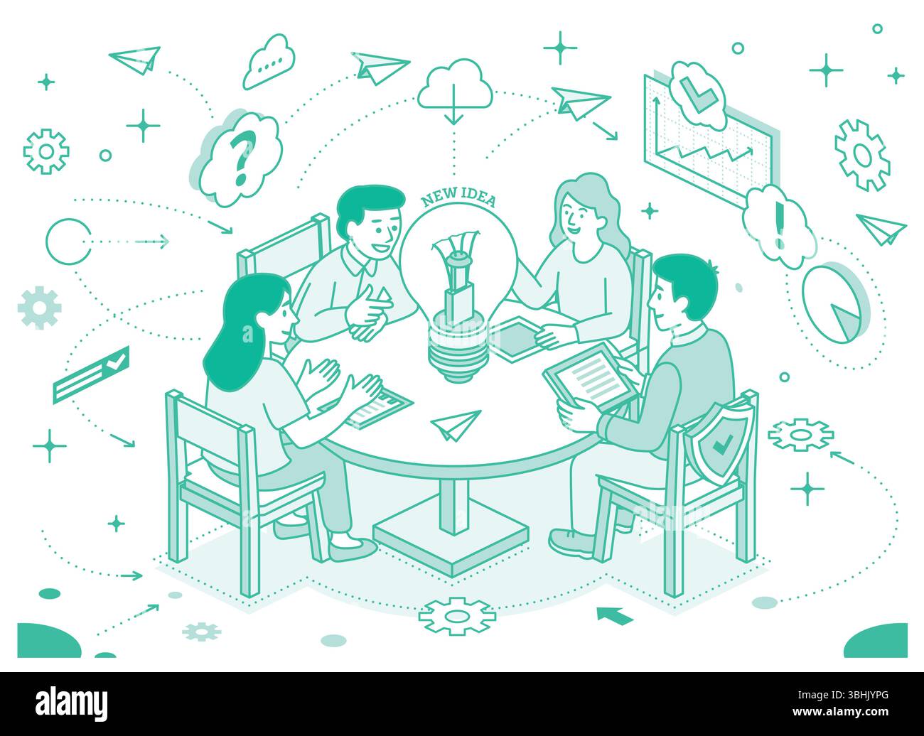 Kreatives Team-Brainstorming an einem runden Tisch. Vier Personen diskutieren Ideen mit Glühlampen, Diagrammen und Symbolen. Business Innovation und Teamwork Co Stock Vektor