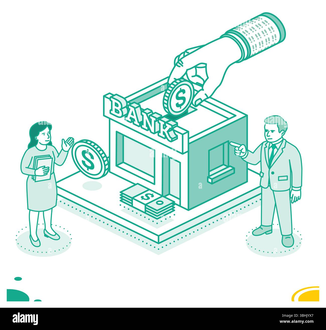 Isometrische Umrissdarstellung einer großen Hand, die eine Dollarmünze in eine Bank platziert. Ein Mann und eine Frau stehen in der Nähe und diskutieren finanzielle Angelegenheiten. Bankwesen, Stock Vektor