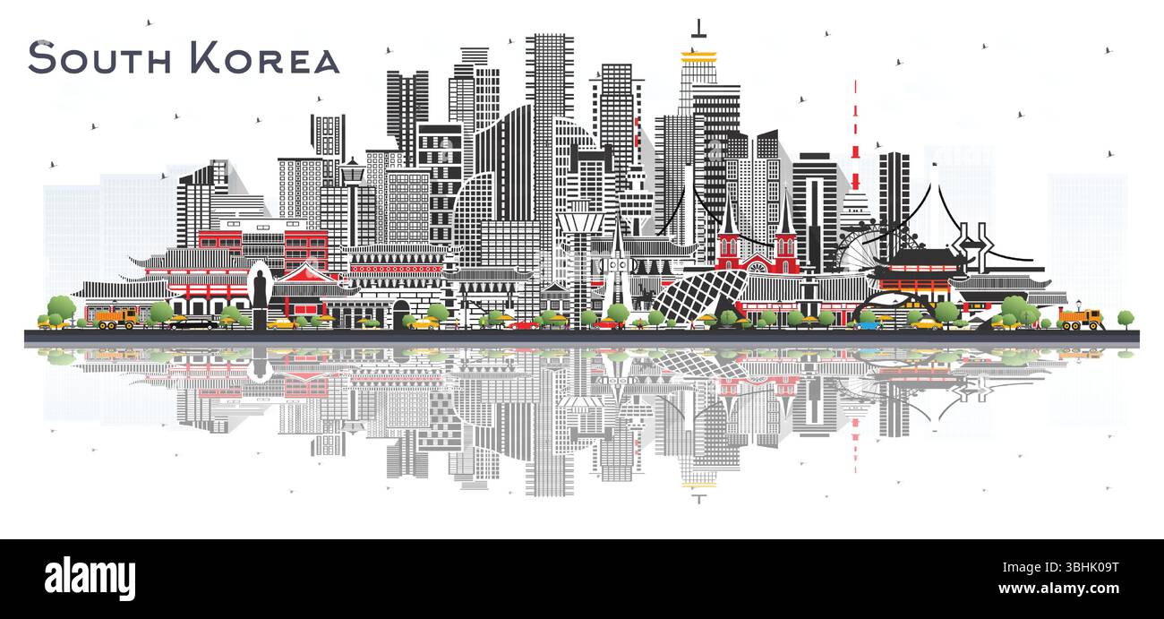 Südkorea City Skyline mit grauen Gebäuden isoliert auf Weiß. Vektorgrafik. Tourismuskonzept mit historischer Architektur. Südkoreanisches Stadtbild Stock Vektor