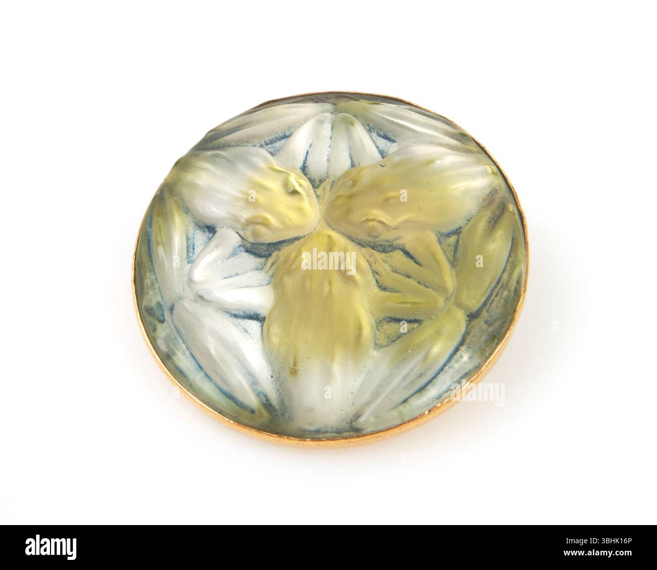 Seltene und schöne 1910er Jahre Rene Lalique 'Grenouilles' Frösche Glasbrosche. Stockfoto