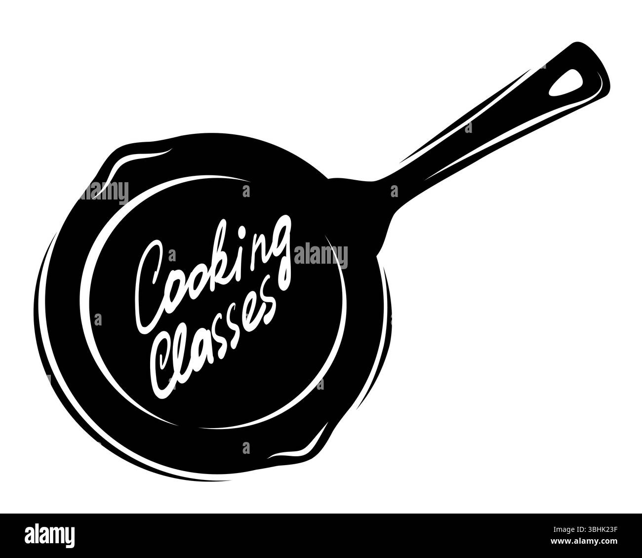 Kochkurse Studio Vektor-Logo mit schwarzer Pfanne Silhouette. Symbol für Lebensmittel, Symbol für Küche. Vorlage für Restaurant-Vektor-Logo. Cafe-Logo Stock Vektor