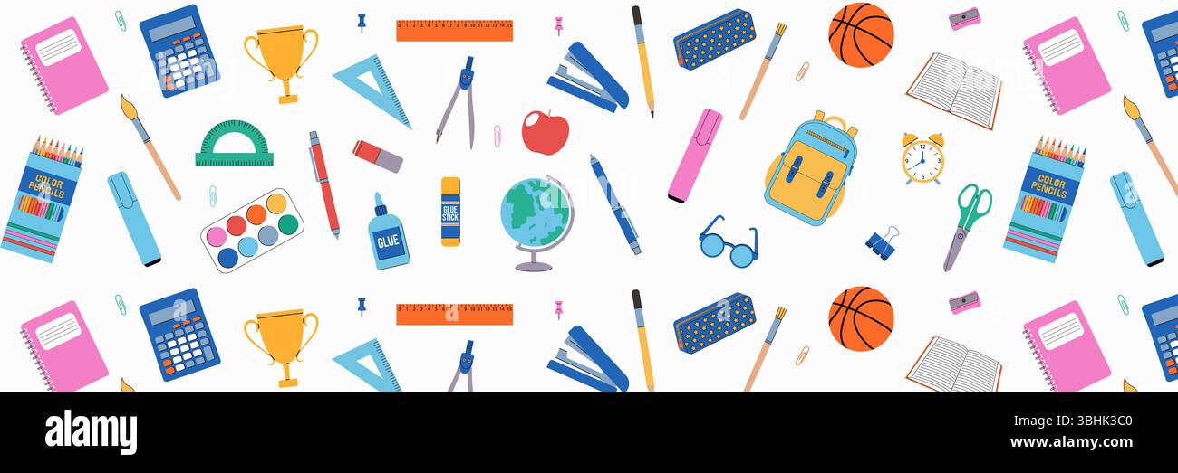 Nahtlos wiederkehrendes Muster, Hintergrund der Schulmaterialien auf weißem Hintergrund. Zurück zur Schule. Stock Vektor