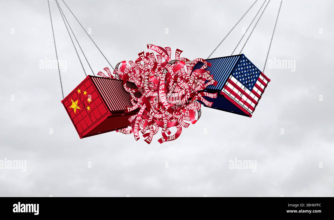 USA China Zollsätze konflikten wie US-amerikanischer und chinesischer Handelskrieg oder US-Zolltarife als zwei gegensätzliche Frachtcontainer als internationaler Wirtschaftsstreit Stockfoto