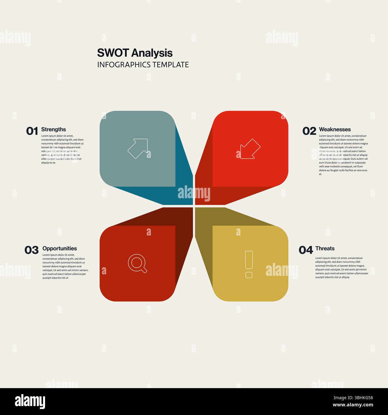 SWOT-Analysepräsentation und Infografik-Vorlage für Geschäftsvektoren. Minimales Design. Stock Vektor