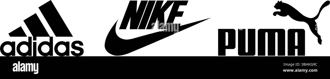 Logo-Symbole der Sportmarke: Adidas, Nike, Puma, Reebok, Mizuno Stock Vektor
