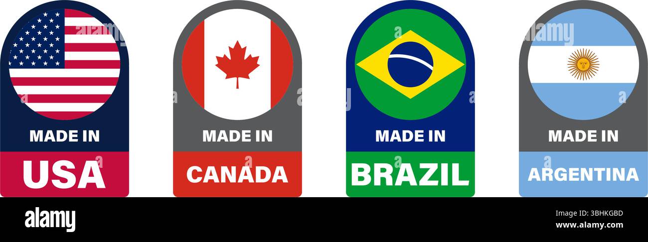 Hergestellt in. Aufkleber Symbolsatz für amerikanische Länder. Brasilien, Argentinien, Kanada, USA Stock Vektor
