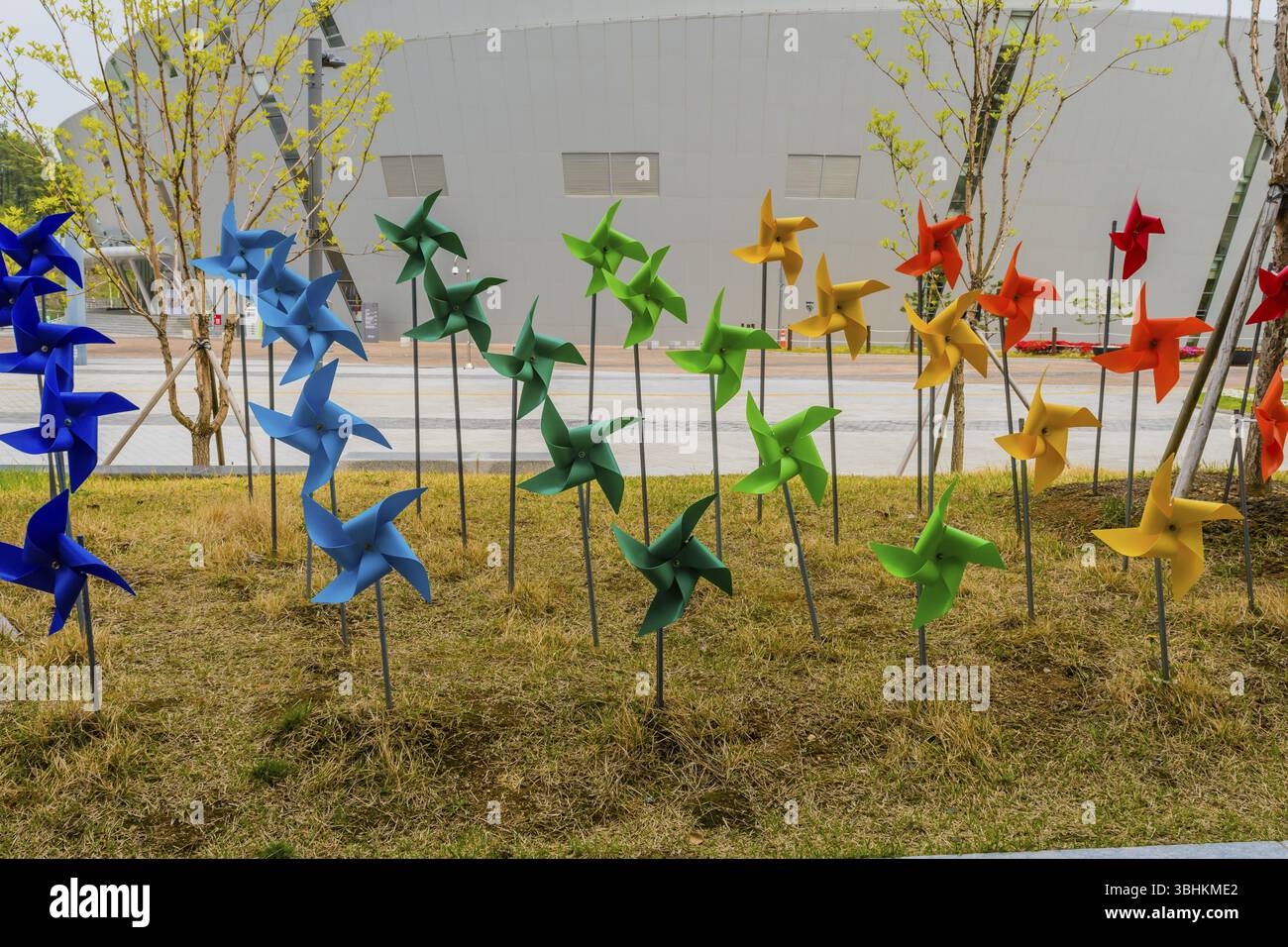Muju, Südkorea. 1. Mai 2019: Bunte Räderchen auf getrimmtem Rasen mit Wettkampfarena im Hintergrund Stockfoto