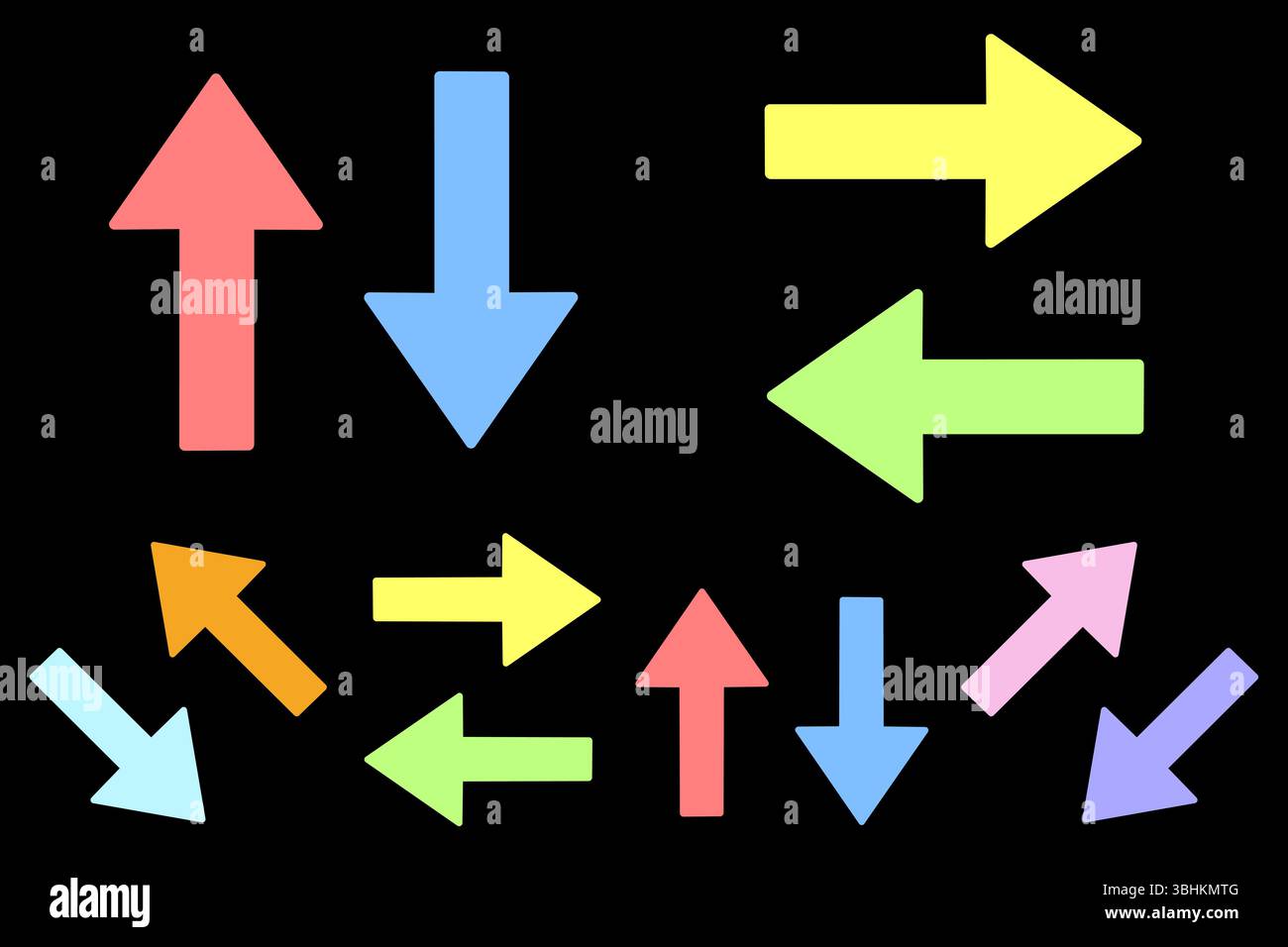 Eine Reihe von Pfeilsymbolen auf schwarzem Hintergrund Stockfoto
