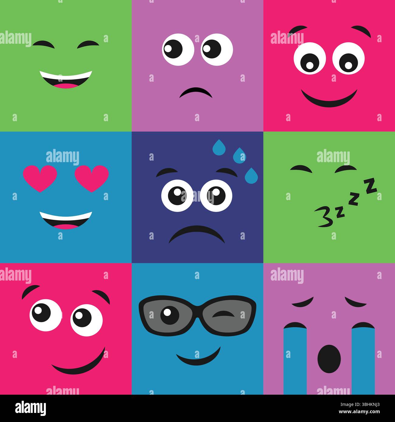 Set aus neun farbenfrohen Emoticons. Emoji-Symbol im Quadrat. Abgewickeltes Hintergrundmuster. Vektorabbildung Stock Vektor