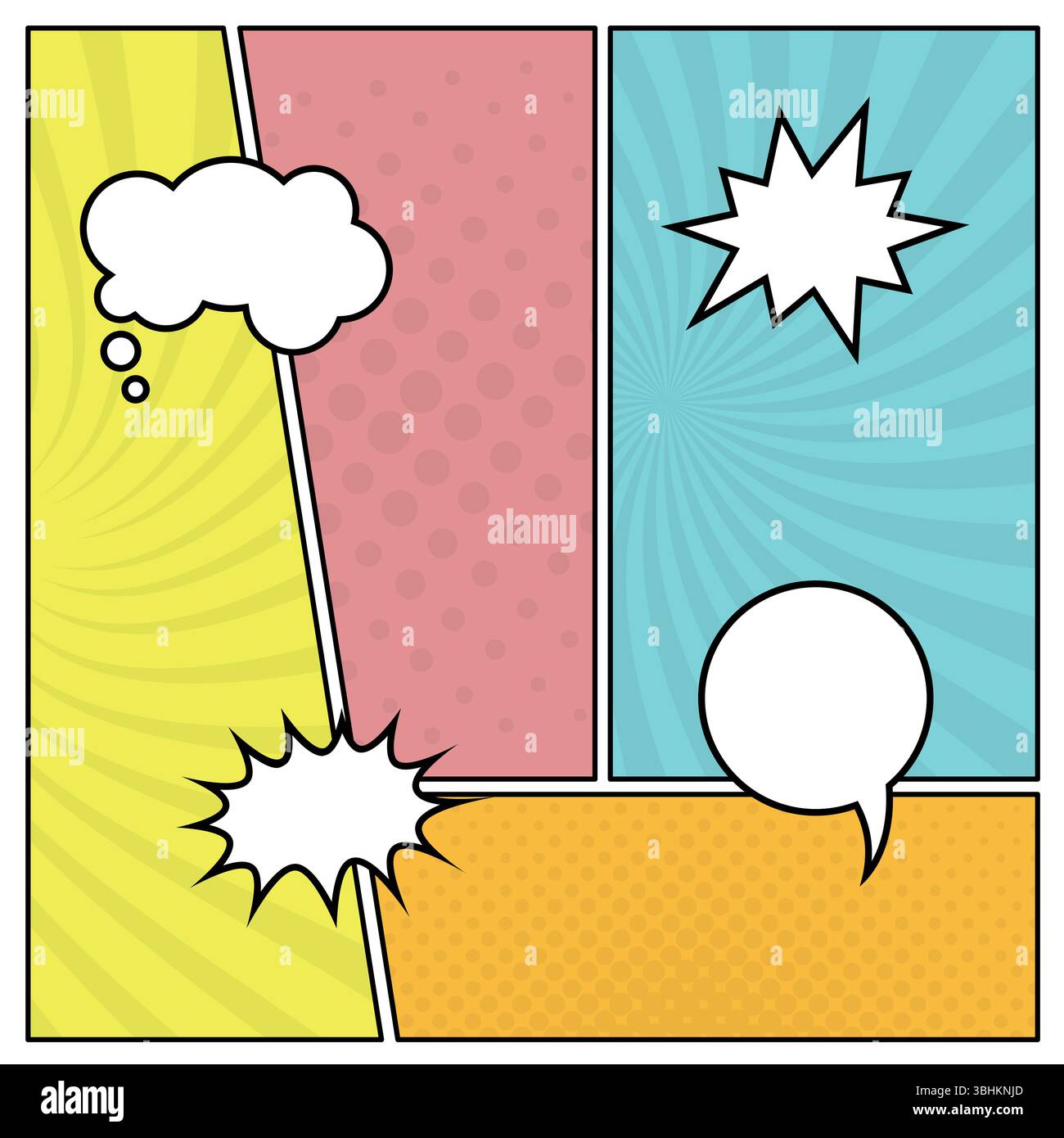 Farbenfroher Hintergrund der Comic-Seite im Pop-Art-Stil mit leeren Sprechblasen. Vorlage mit Rays- und Punktmuster. Vektorabbildung Stock Vektor Farbenfroher Hintergrund der Comic-Seite im Pop-Art-Stil mit leeren Sprechblasen. Vorlage mit Rays- und Punktmuster. Vektorabbildung Stock Vektor