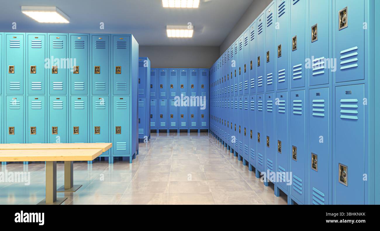 Reihen von blauen Schließfächern mit einer Holzbank 3D Umkleideraum Stockfoto