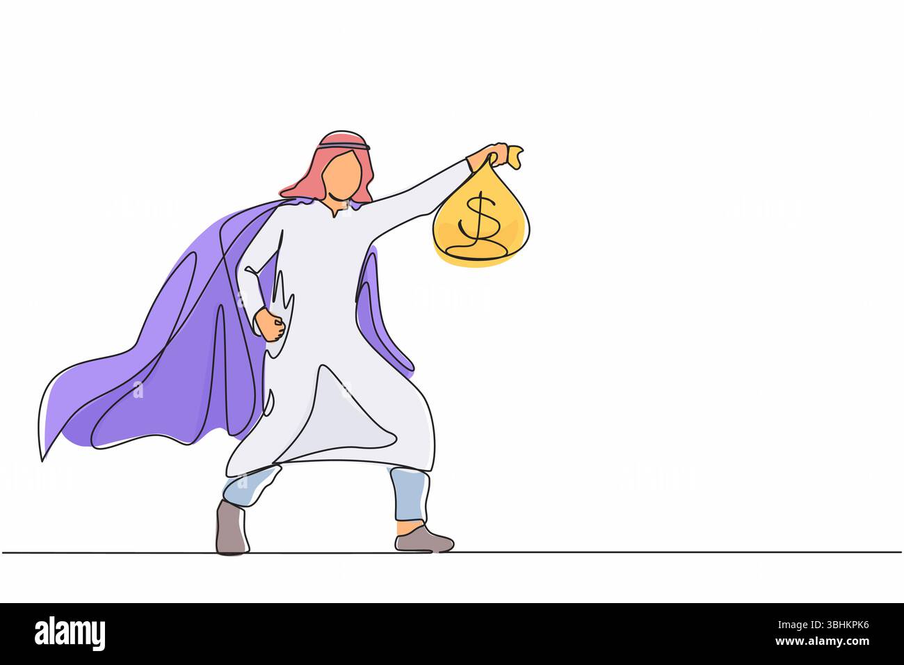 Durchgehende einzeilige Zeichnung Superheld arabischer Geschäftsmann ist Symbol des Einkommens. Glücklicher Mitarbeiter-Superheld zeigt Geldbeutel-Metapher des Einkommens Stock Vektor