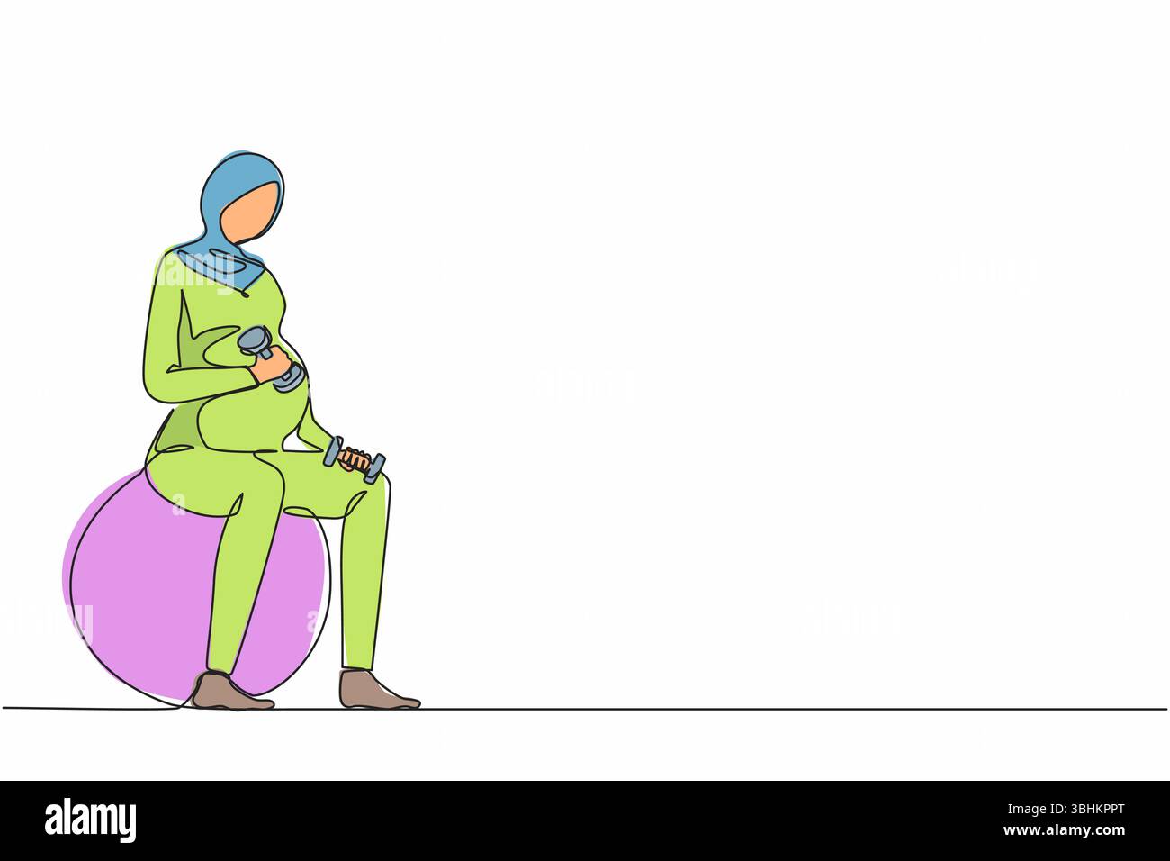 Einzelne durchgehende Linie Zeichnung schöne arabische schwangere Frau Übungen mit Fitball mit leichten Gewichten im Fitnessstudio. Fitness, Schwangerschaft Co Stock Vektor