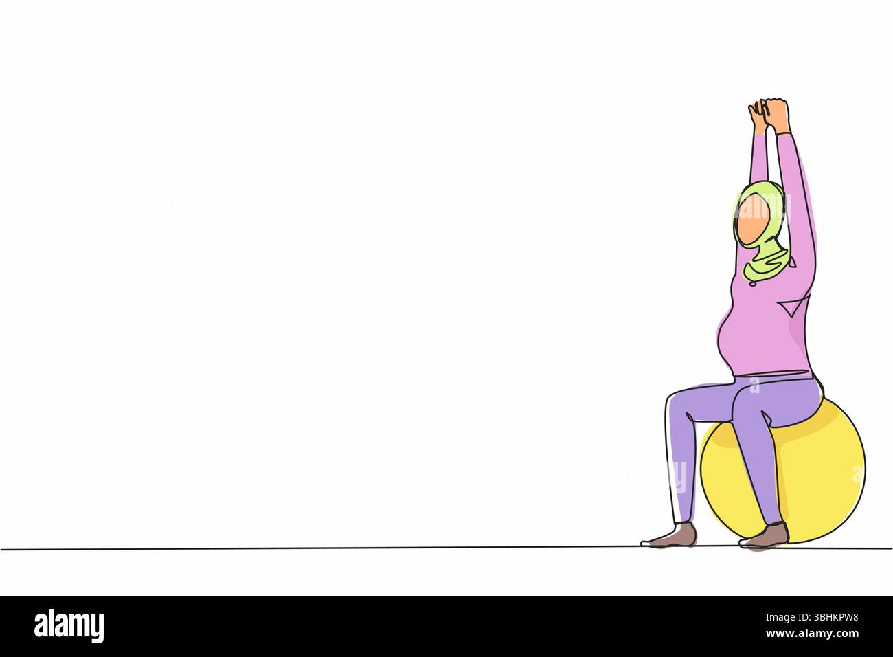 Single One Line Zeichnen Yoga für arabische Schwangere. Fitnesssport in der Schwangerschaft. Gesunder Lebensstil und Entspannung. Mädchen mit Fitnessball Stock Vektor
