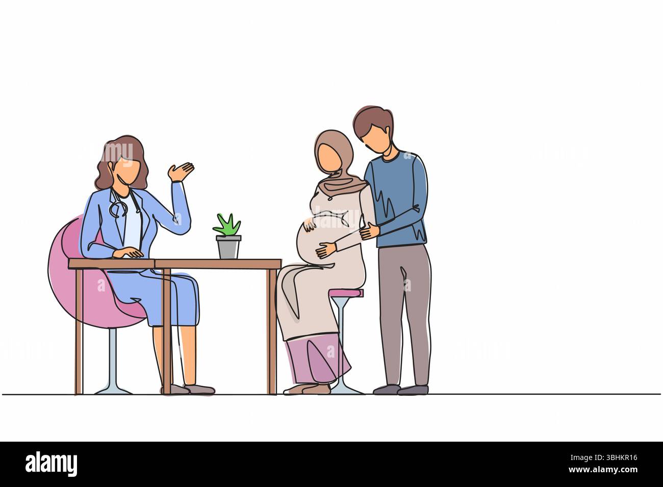 Eine einzige Linie zeichnet arabische moslemische Familie, die ein Kind erwartet, das Arzt isoliert besucht. Ärztliche Beratung Schwangere mit Ehemann. Moderne konti Stock Vektor