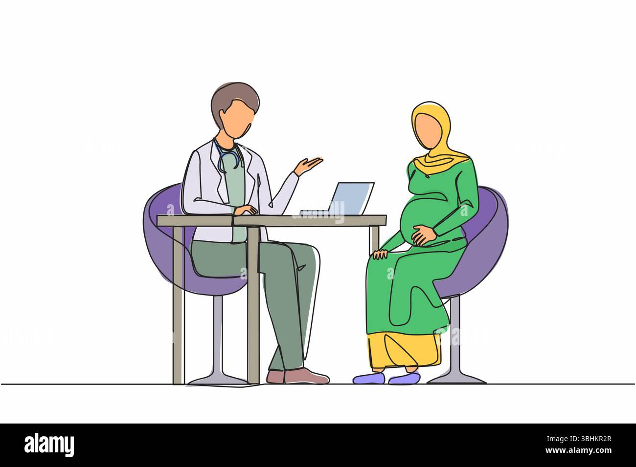 Eine einzige Linie, die eine arabische schwangere Frau nach Konsultation mit dem Arzt zeichnet. Schwangerschaft und Mutterschaft. Glückliche weibliche Figur, die auf ein Baby wartet. Kontin Stock Vektor