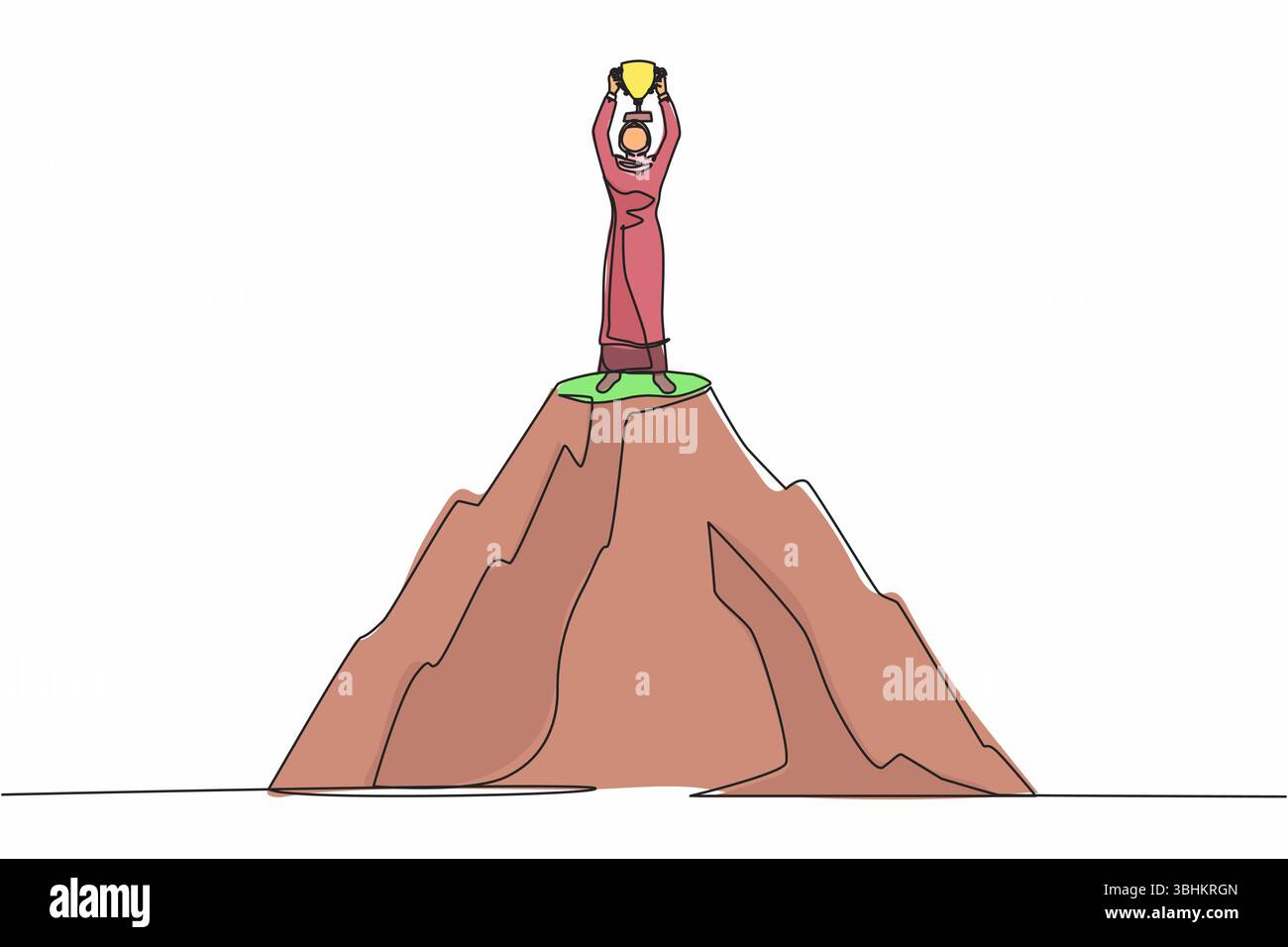 Durchgehende eine Linie, die eine arabische Geschäftsfrau mit Trophäe auf dem Gipfel des hohen Berges zeichnet. Erfolg, Ziel, Leistung und Challenge-Konzept. Si Stock Vektor