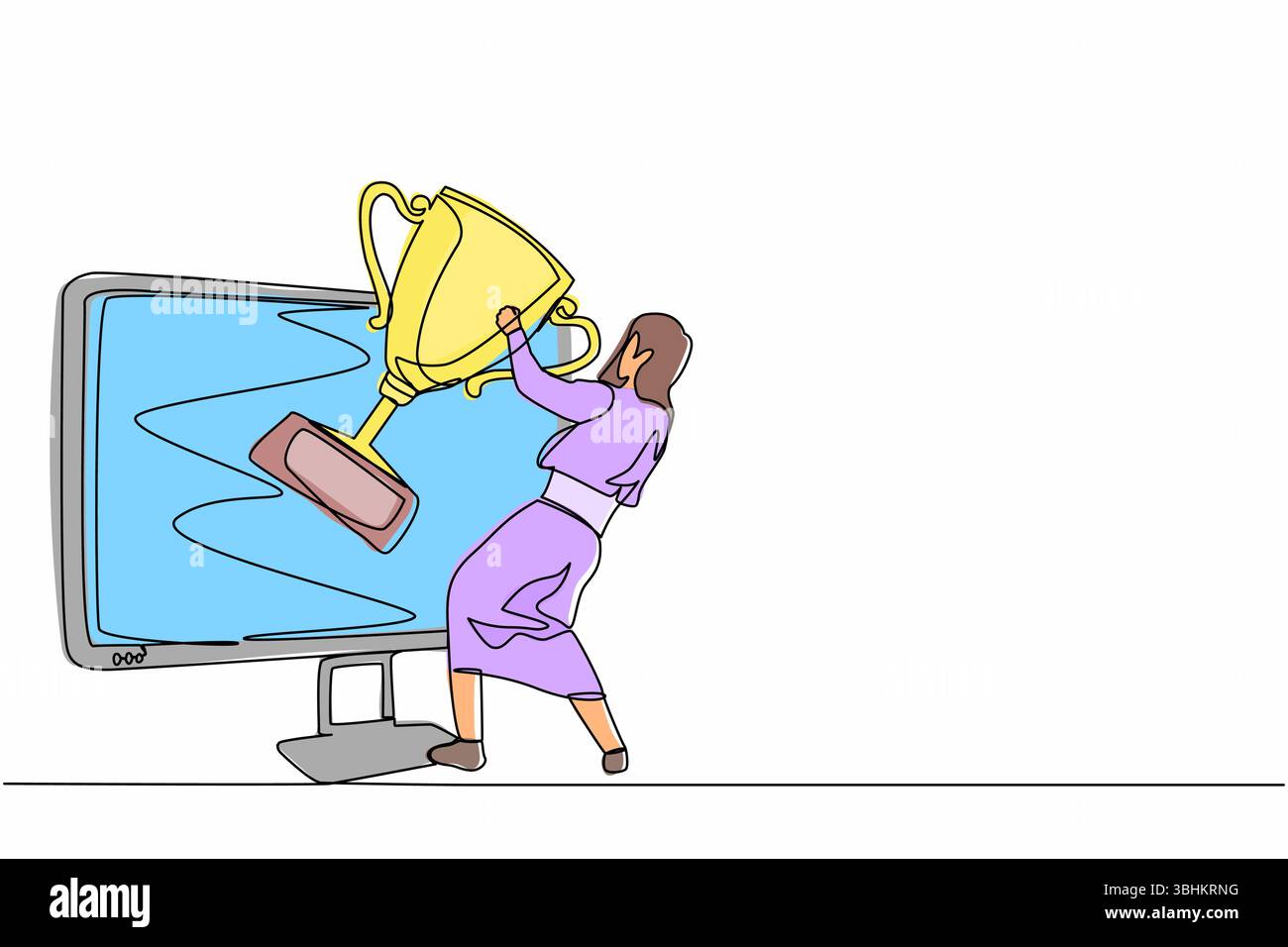 Eine einzeilige Geschäftsfrau zieht Trophäen vom Computerbildschirm. Arbeiten an einem preisgekrönten Projekt, freiberuflicher Job, Online-Arbeit, Gewinner. Stock Vektor