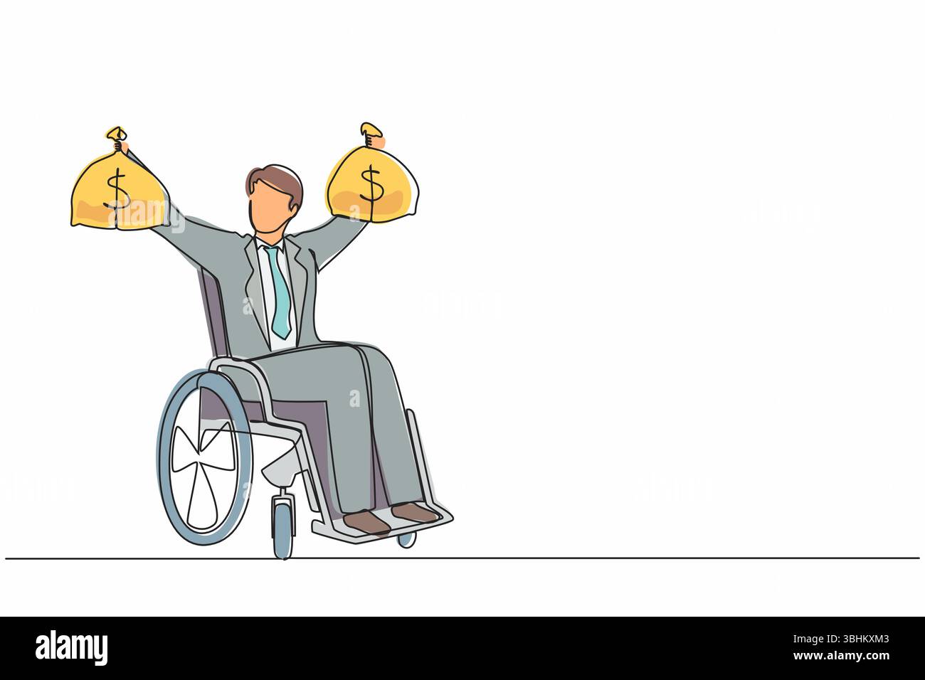 Ein einziger, einzeiliger Geschäftsmann, der Dollargeldbeutel hält. Leistungen der Invaliditätsversicherung für behinderte Rollstuhlfahrer. Schutzprogramm. C Stock Vektor