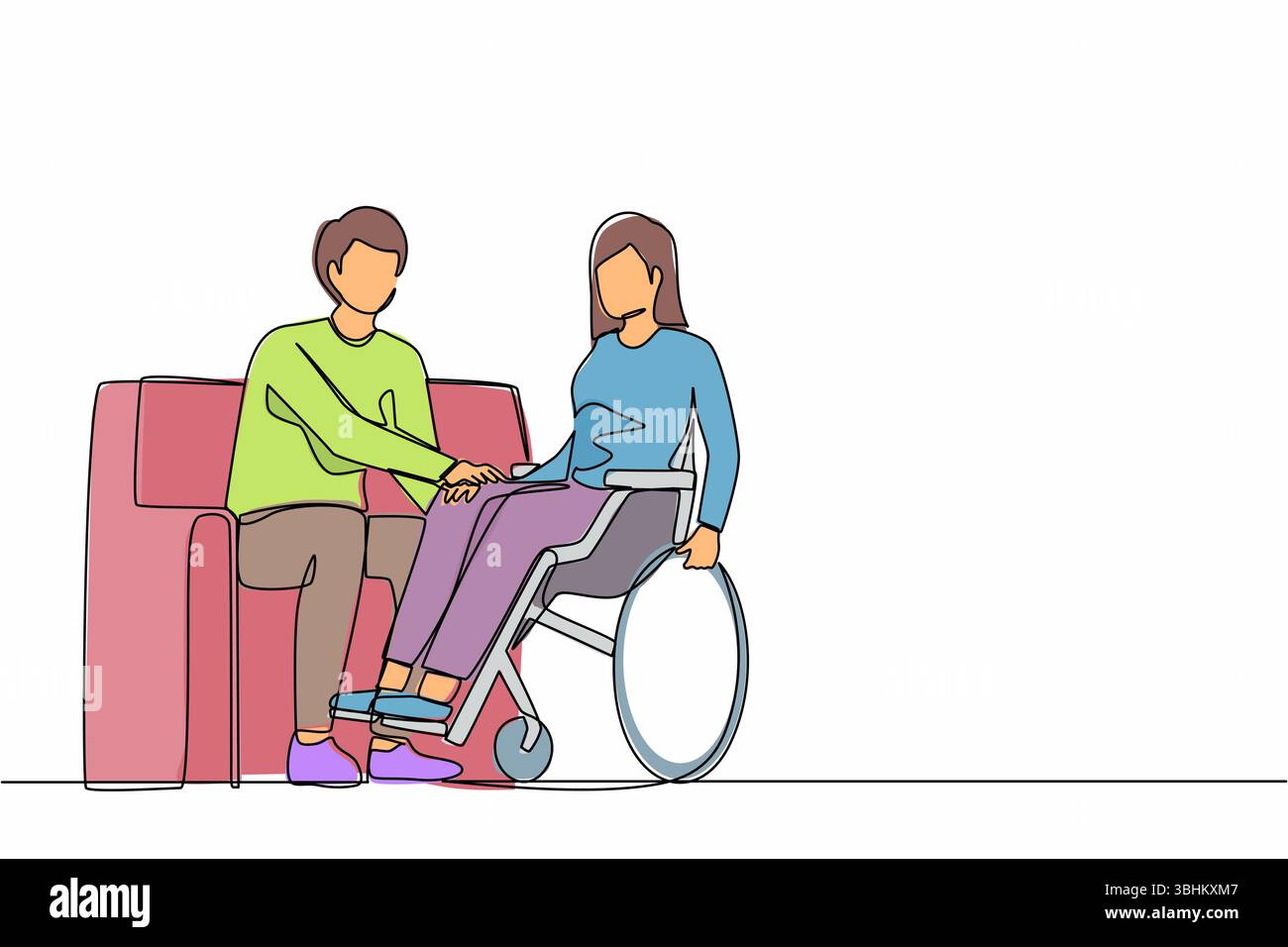 Einzelne durchgehende Linie zeichnende Paar zu Hause mit behinderter Frau im Rollstuhl, die Hände mit Mann, der auf dem Sofa sitzt. Assistenzrehabilitation von Stock Vektor
