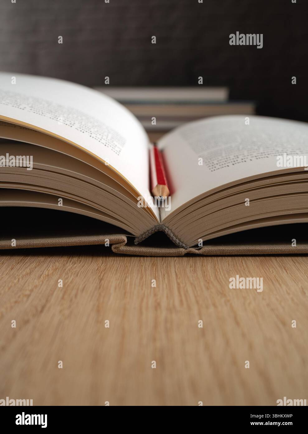 Ein Buch ist zu einer Seite geöffnet, auf der ein Bleistift steht. Der Bleistift ist rot und lehnt sich an das Buch. Das Buch ist bereit zum Lesen oder Lernen, mit mehr Büchern bl Stockfoto