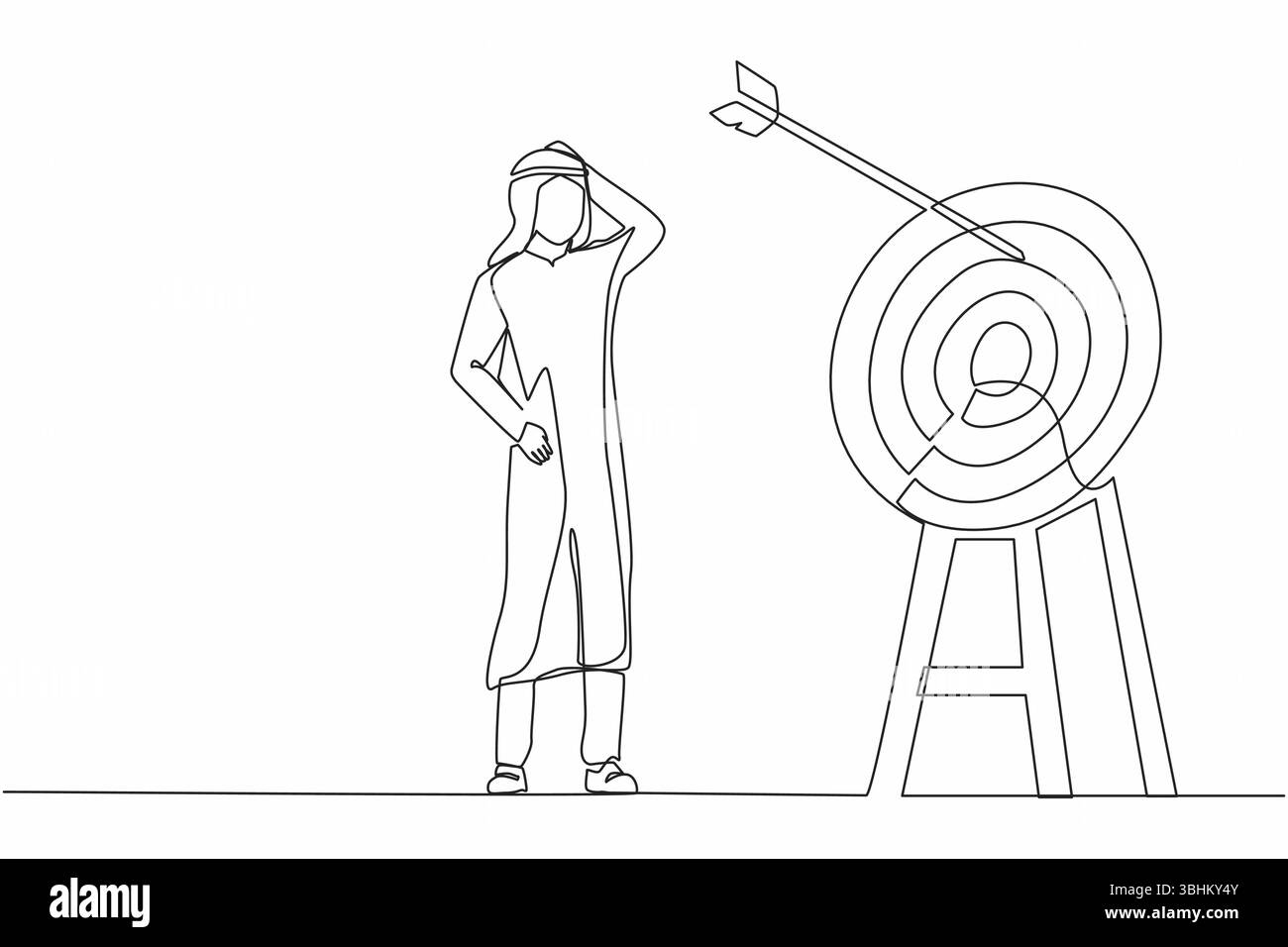 Durchgehend eine Linie zeichnet Ehrgeiz ein arabischer Geschäftsmann hat das Ziel verfehlt. Nicht erfolgreiches Ziel für Bogenschießen. Metapher für Fehler bei geschäftlichen Herausforderungen. S Stock Vektor