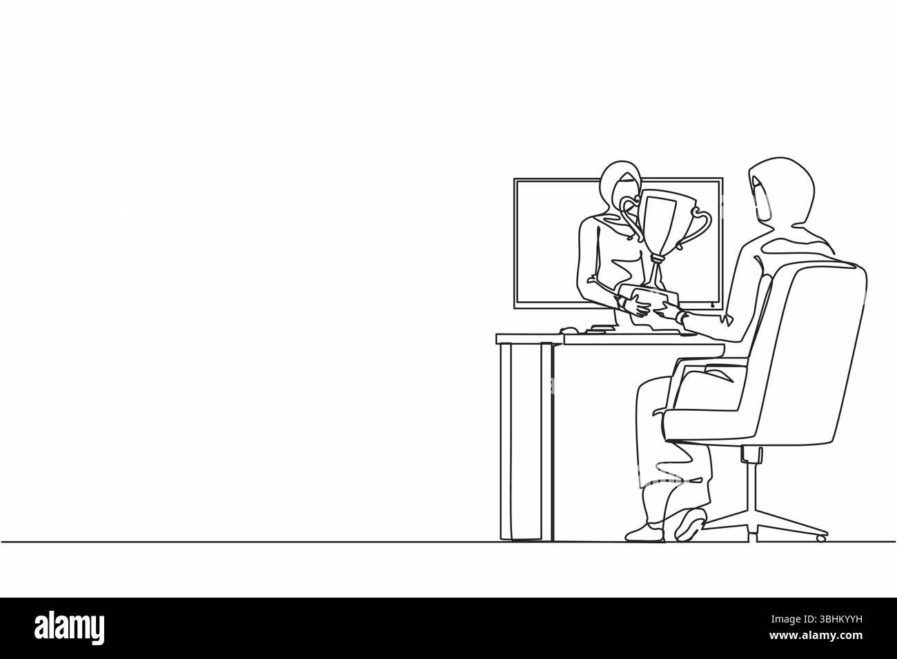 Eine einzelne durchgehende Linie zeichnet eine schöne arabische Geschäftsfrau hält eine goldene Tasse vom Monitor bis hin zu einem glücklichen Büroangestellten. Auszeichnung im Online-Wettbewerb Stock Vektor