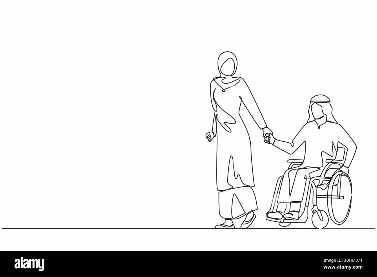 Durchgehende einzeilige Zeichnung Arabische Frau spazieren durch den Park mit behindertem Ehemann, Mann im Rollstuhl. Unterstützung bei der Rehabilitation behinderter Menschen. Liebe Stock Vektor
