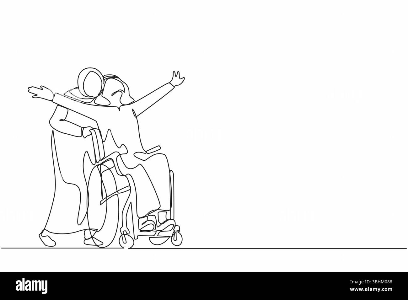 Eine einzige Linie zeichnet einen glücklichen behinderten arabischen Mann im Rollstuhl, der mit seiner liebenden Frau im Freien spaziert, Spaß hat und Zeit miteinander verbringt. Eingeschränkter Putsch Stock Vektor