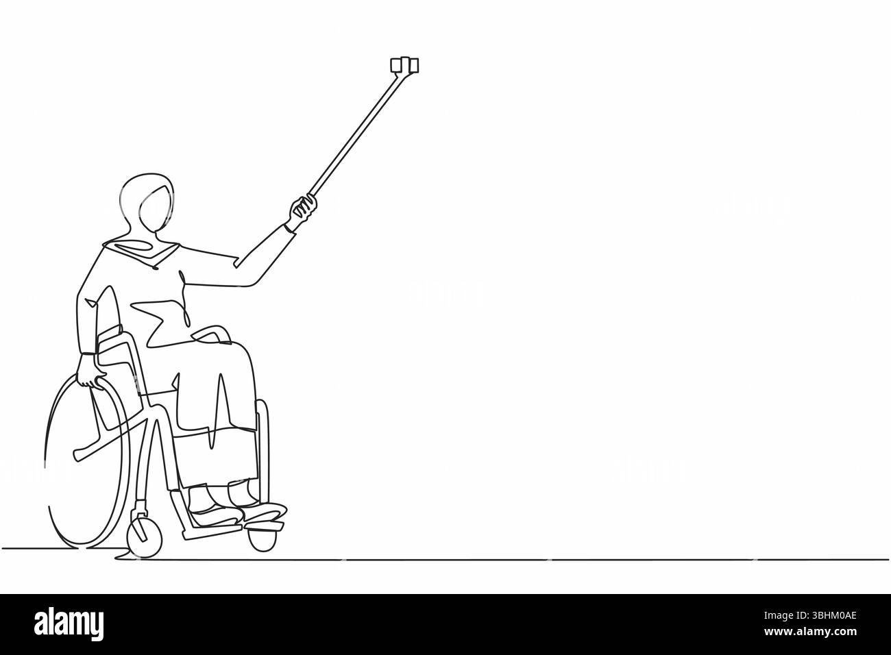 Durchgehende einzeilige Zeichnung arabische junge Rollstuhlfahrerin, die Selfie mit Telefon und Stick macht. Gesellschaft und Behindertengemeinschaftskonzept. Si Stock Vektor