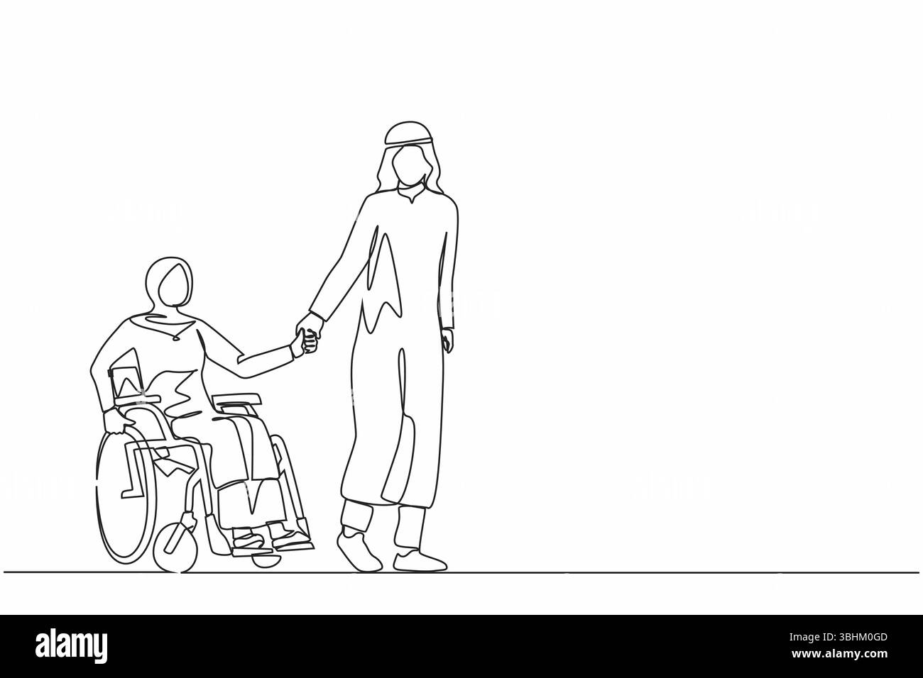 Ein arabischer Ehemann, der mit einer behinderten Frau und einer Frau im Rollstuhl den Park begibt. Unterstützung bei der Rehabilitation behinderter Menschen. Schön Stock Vektor